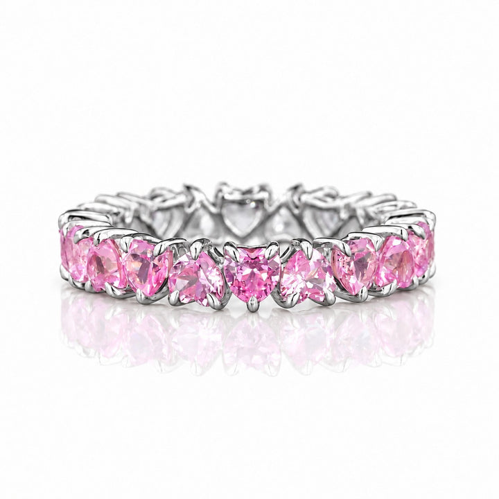 Heart Sakura Pink Sapphire & Diamond Eternity Band (3.5mm, 4.40ctw) front, pink sapphire side in 14K White Gold