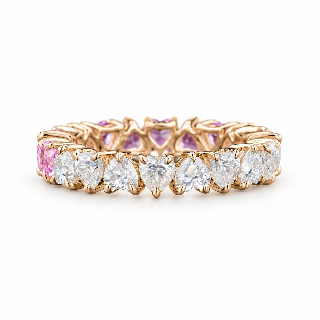 Heart Sakura Pink Sapphire & Diamond Eternity Band (3.5mm, 4.40ctw) front, diamond side in 14K Yellow Gold