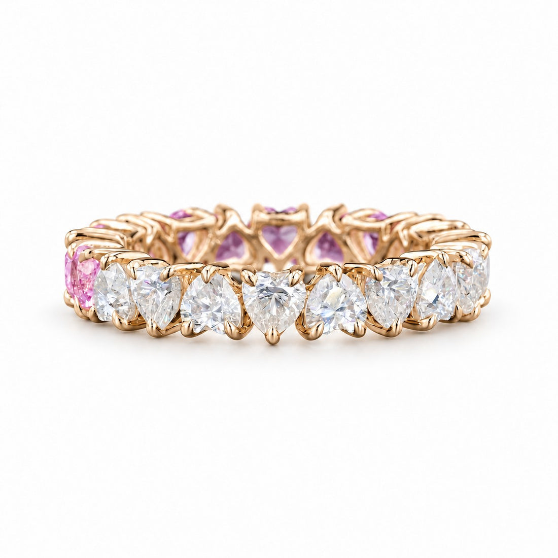 Heart Sakura Pink Sapphire & Diamond Eternity Band (3.5mm, 4.40ctw) front, diamond side in 14K Yellow Gold