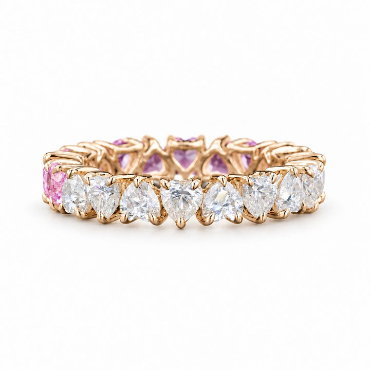 Heart Sakura Pink Sapphire & Diamond Eternity Band (3.5mm, 4.40ctw) front, diamond side in 14K Yellow Gold