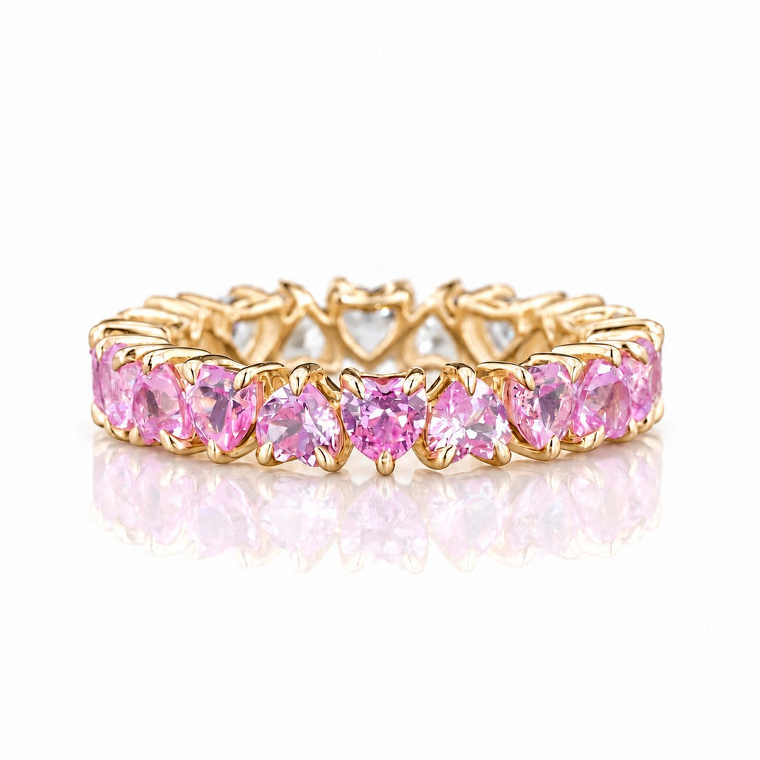 Heart Sakura Pink Sapphire & Diamond Eternity Band (3.5mm, 4.40ctw) front, pink sapphire side in 14K Yellow Gold