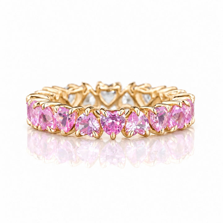 Heart Sakura Pink Sapphire & Diamond Eternity Band (3.5mm, 4.40ctw) front, pink sapphire side in 14K Yellow Gold