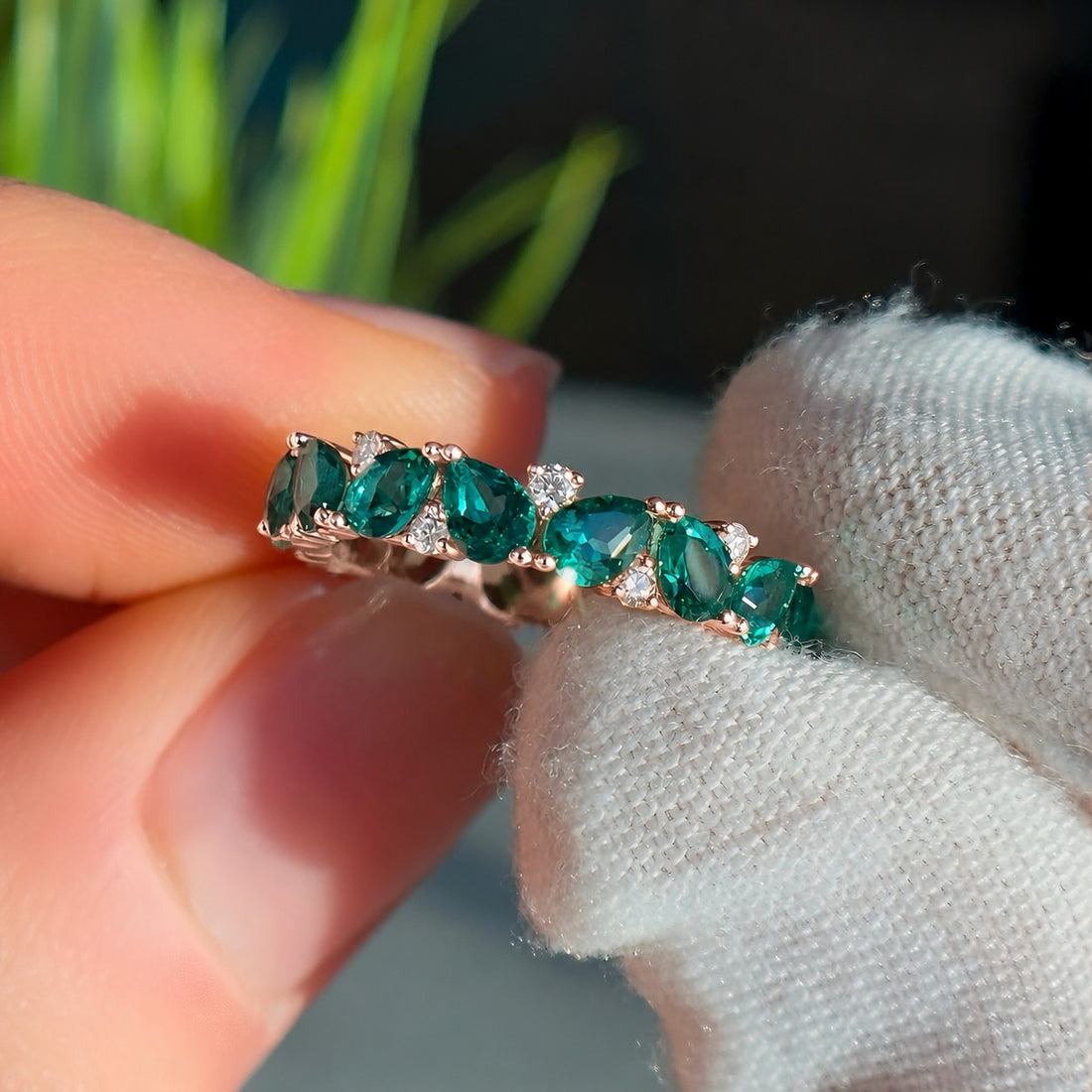 Pear Colombian Emerald & Round Diamond Eternity Band (3.5mm, 1.78ctw) lifestyle in 14K Rose Gold
