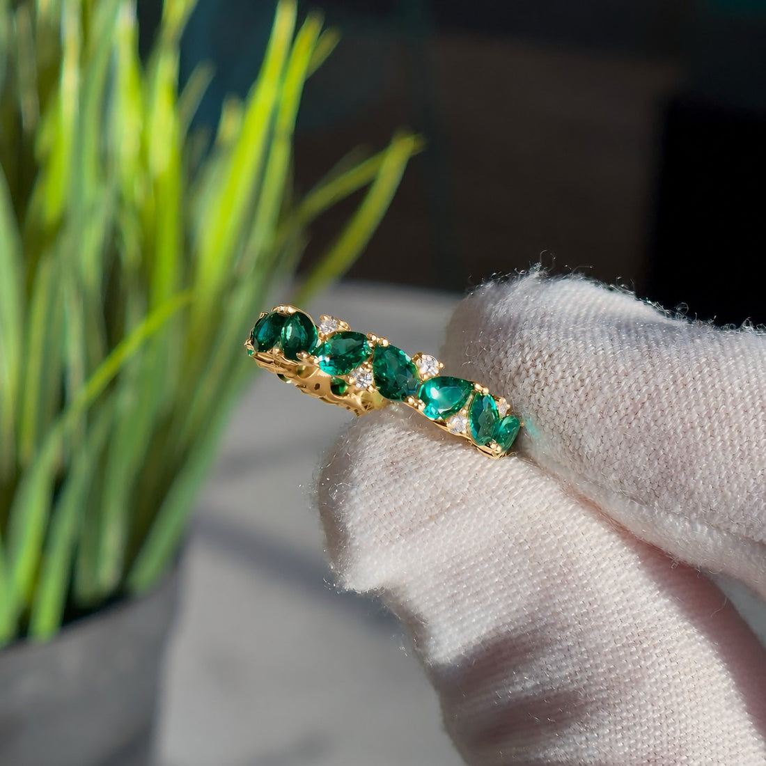 Pear Colombian Emerald & Round Diamond Eternity Band (3.5mm, 1.78ctw) lifestyle in 14K Yellow Gold