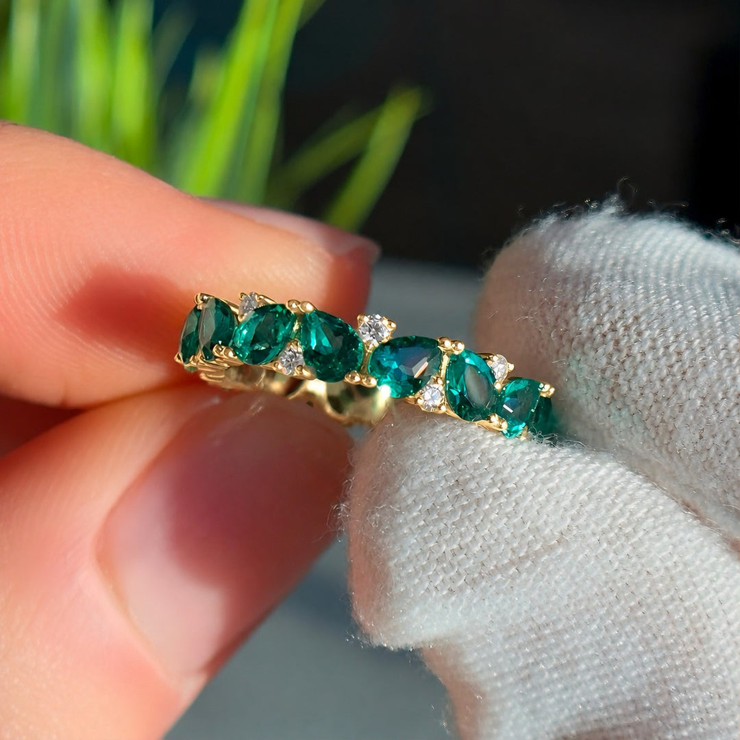 Pear Colombian Emerald & Round Diamond Eternity Band (3.5mm, 1.78ctw) lifestyle in 14K Yellow Gold