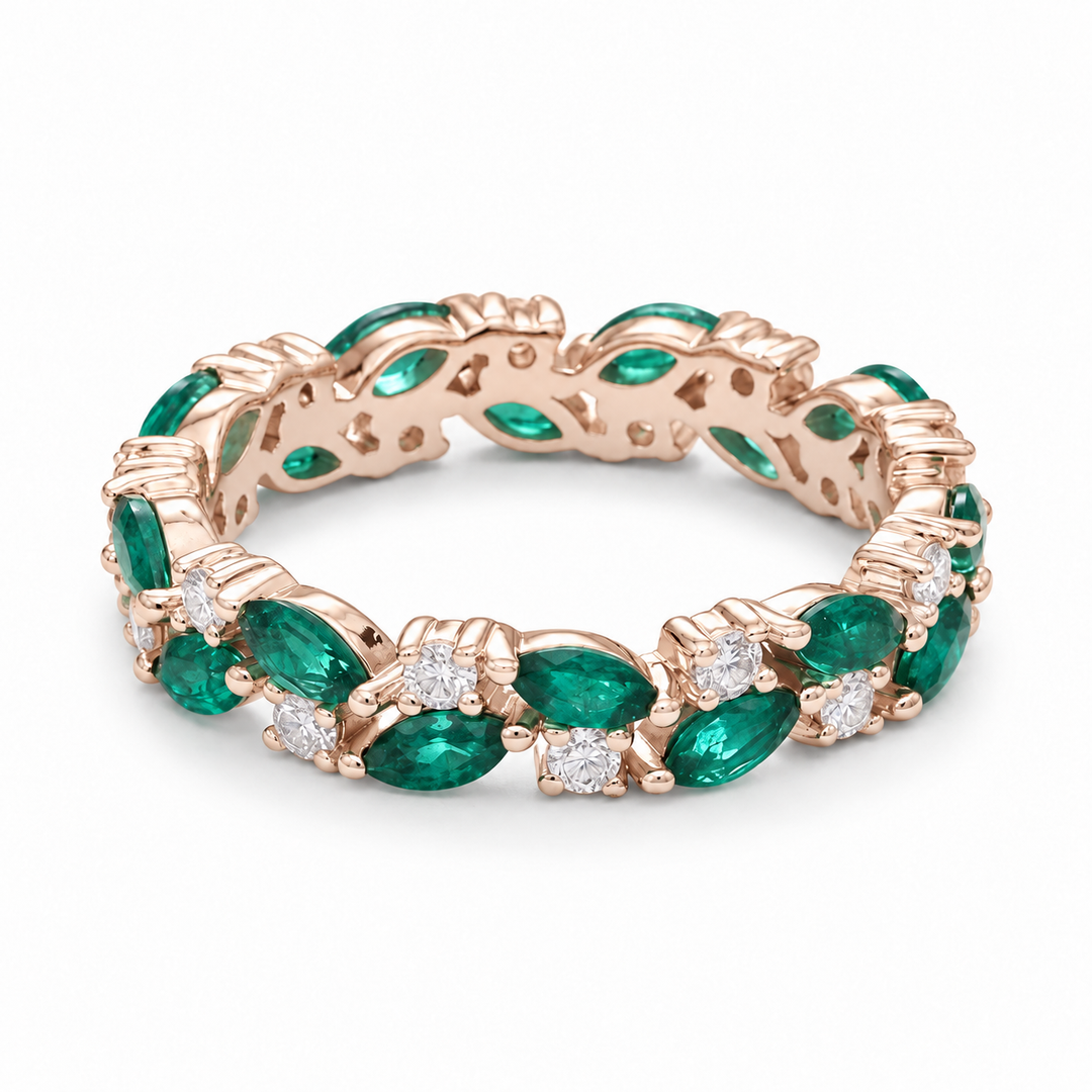 Zambian Marquise Emerald & Round Diamond Eternity Band in 14K Rose Gold