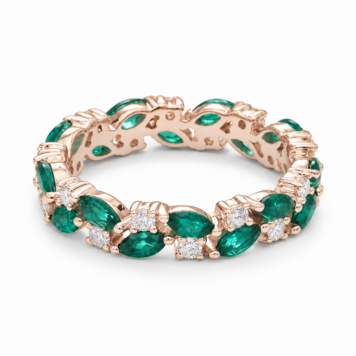 Zambian Marquise Emerald & Round Diamond Eternity Band in 14K Rose Gold