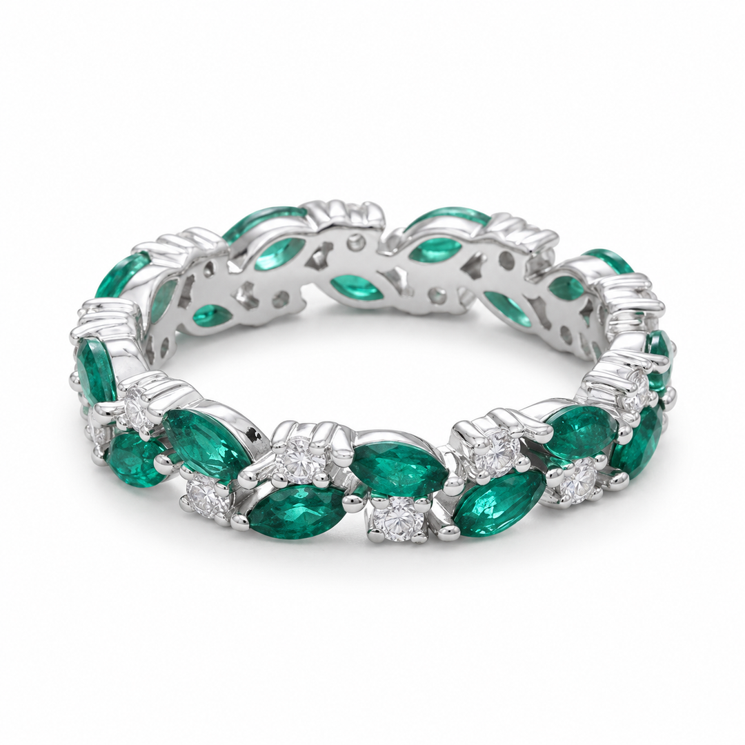Zambian Marquise Emerald & Round Diamond Eternity Band in 14K White Gold