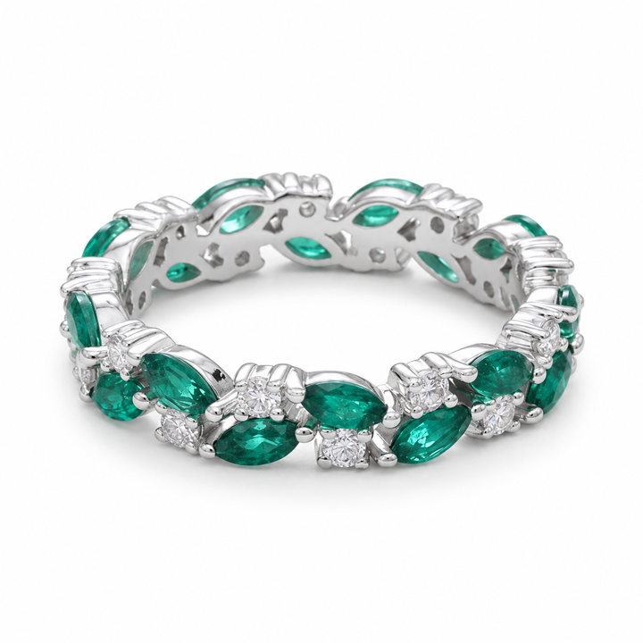 Zambian Marquise Emerald & Round Diamond Eternity Band in 14K White Gold