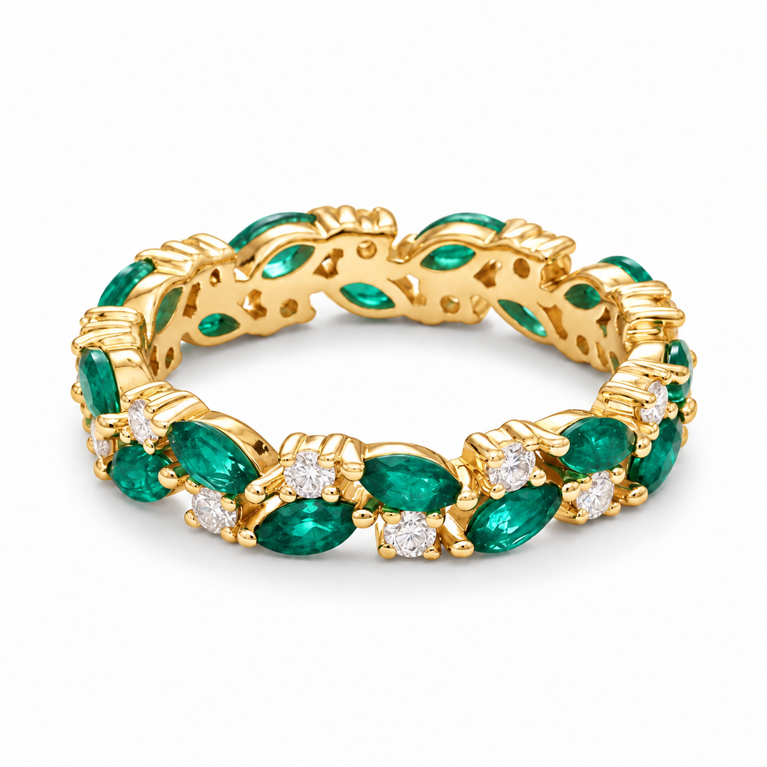 Zambian Marquise Emerald & Round Diamond Eternity Band in 14K Yellow Gold